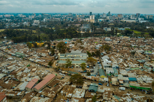 Aerial view of crowded and dense rooftops in Kibera slum, Nairobi, Kenya.