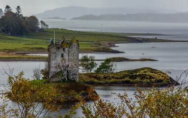 Picturesque Castle Stalker on an island on Loch Linnhe, Scotland 