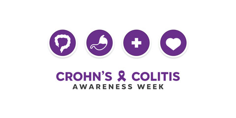 Crohns and Colitis Awareness Week. Colitis, stomach, plus icon and heart. Great for cards, banners, posters, social media and more. White background. 