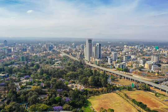 Aerial view of the modern skyline with the Nairobi Expressway and green spaces, Westlands, Nairobi, Kenya.