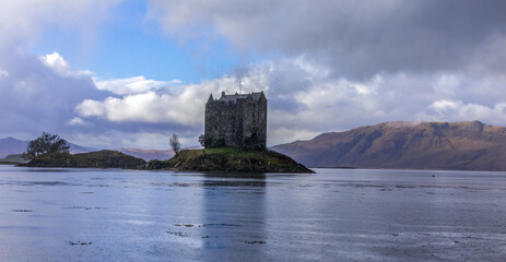 Picturesque Castle Stalker on an island on Loch Linnhe, Scotland 