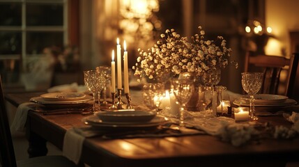 Elegant Dinner Table Setting with Candlelight and Flowers