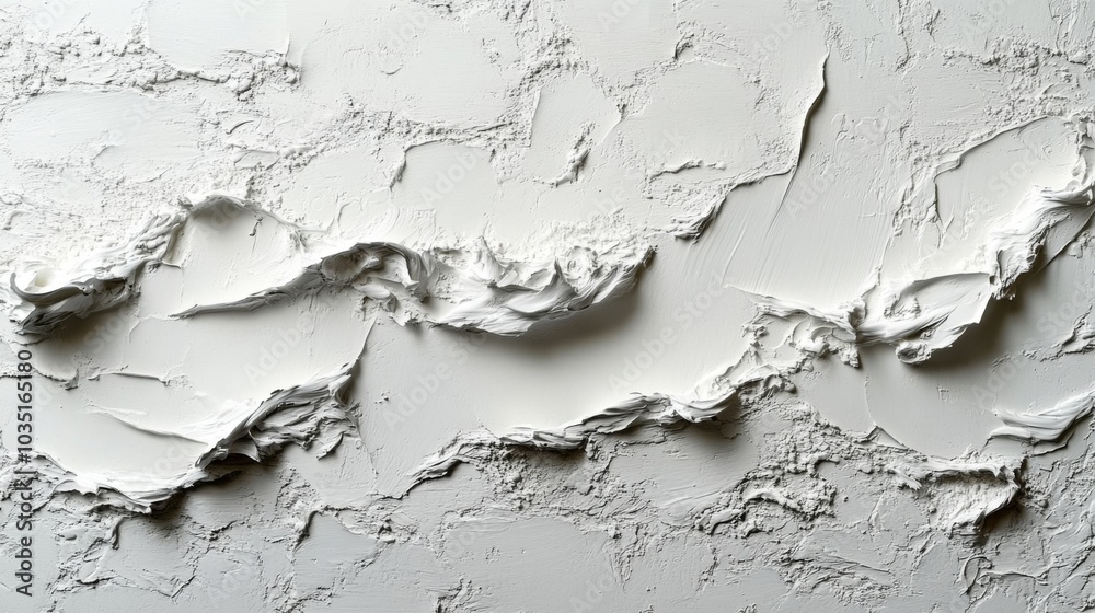 Aufkleber The surface showcases a textured white plaster application, exhibiting abstract patterns and varying depths in ambient light that enhance its rugged beauty.
