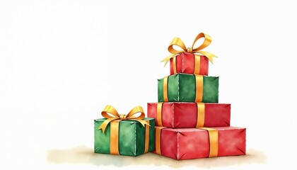 Fototapeta premium Watercolor stack of Christmas gifts with gold ribbons