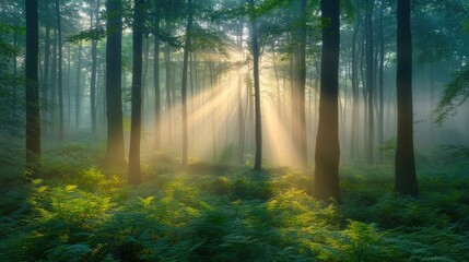 Obraz premium Ethereal Light in Misty Forest Landscape