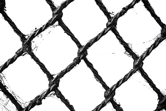 Close-up of a black chain-link fence against a transparent background. The pattern and texture of the metal mesh create an industrial aesthetic. - Powered by Adobe