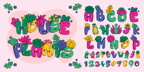 Fototapeta premium Cute alphabet set with leaves in hand drawn style
