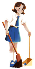 Girl Student Cleaning with Broom and Dustpan Illustration