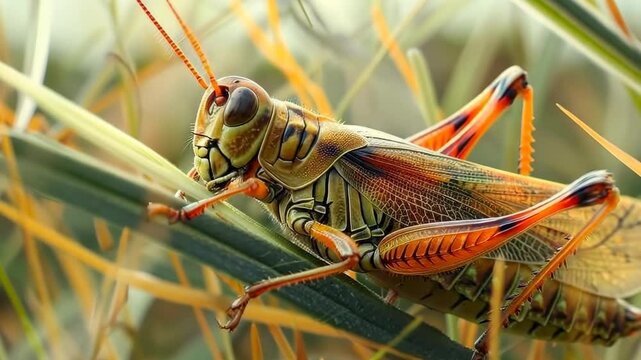 Playful grasshopper perched on wild grass, Video