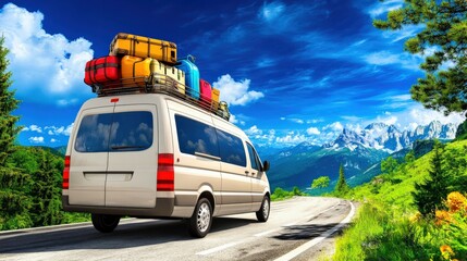 A white van with a lot of luggage on top of it