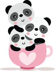 Set of three cute pandas in tea cup