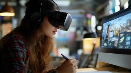 Close-up portrait shot of woman wearing VR glasses sitting in front of computer working with virtual reality