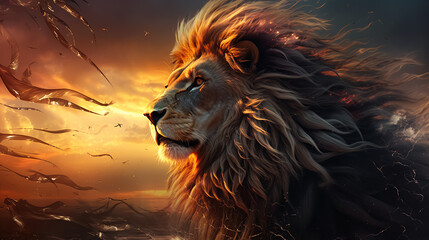lion in the sunset