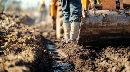 A close-up of a construction worker operating heavy machinery to excavate foundation trenches for a residential project, Excavation scene, Heavy equipment operation style
