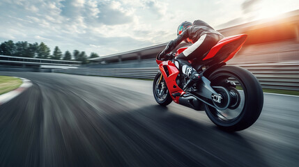 Obraz premium Motorcyclist speeding on race track on red sports motorcycle, motion blur, back view, racing and speed theme with space for text or inscriptions