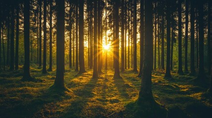 Fototapeta premium Serene Sunrise Through Dense Forest Trees