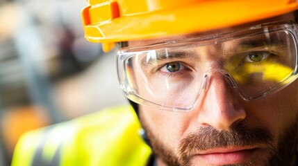 A close-up of a construction worker wearing a helmet and safety glasses, looking directly at the camera, Safety gear scene