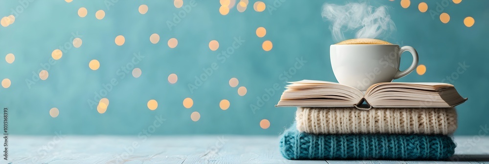 Aufkleber A serene and inviting reading nook with a stack of books and a steaming cup of coffee creating a warm and productive atmosphere for study contemplation or leisure