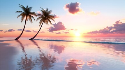 Breathtaking Tropical Sunset Beach with Silhouetted Palm Trees and Golden Sand