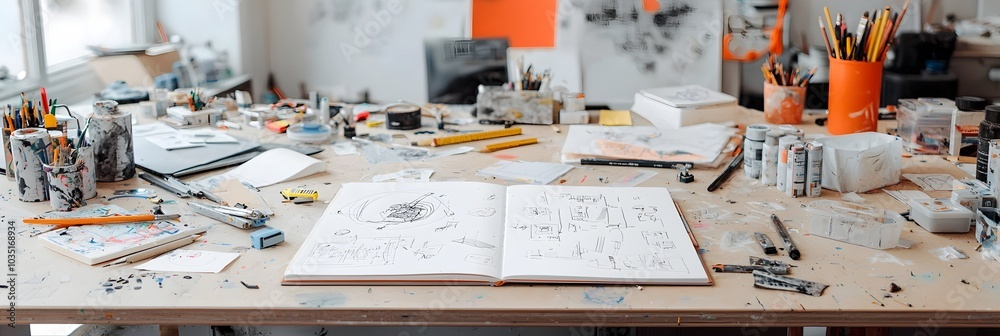 Poster an open sketchbook filled with pencil drawings surrounded by various art supplies such as colored pe