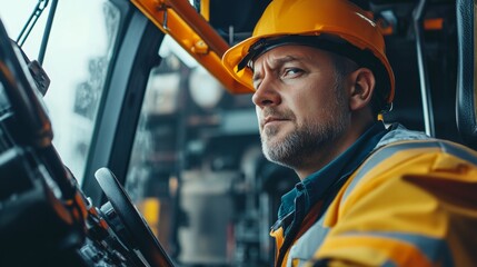 A close-up of a crane operator in the cabin, looking at the camera with controls in hand, Crane operation scene