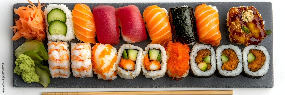 Aufkleber assortment of delicious and visually appealing sushi rolls served on a slate plate with chopsticks r