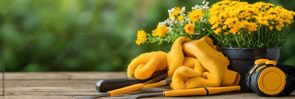 Aufkleber assortment of flower arranging tools and blooming floral bouquet placed on a worktable featuring a h