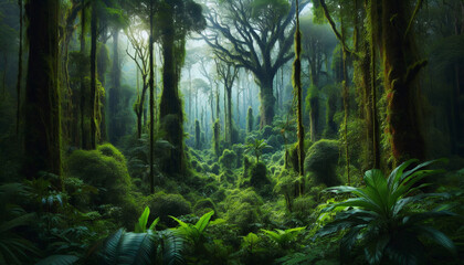 Obraz premium A dense and misty rainforest with towering trees and vibrant greenery, bathed in soft natural light
