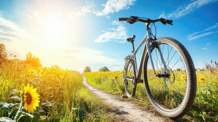Obraz premium Scenic Bicycle Ride Through Bright Sunflower Field