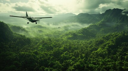 Fototapeta premium Aerial View of Airplane over Lush Green Landscape