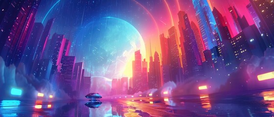 Fototapeta premium Neon cityscape with a large moon in the background.