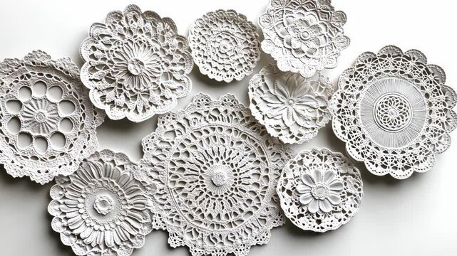 White lace doilies are arranged on a white surface, creating a delicate and intricate pattern