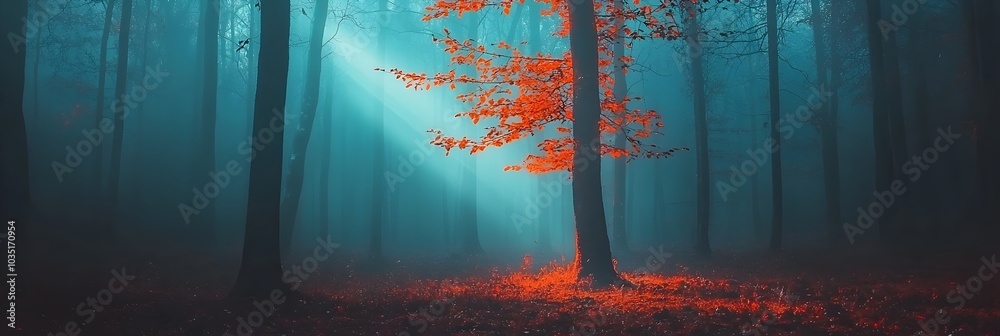 Poster Captivating light rays streaming through the lush foliage of a serene forest creating a mesmerizing and ethereal atmosphere that evokes a sense of spiritual enlightenment and introspection