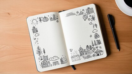 Naklejka premium Notebook with black ink doodles: house, coffee cup, cloud, pencil, leaf, tablet, snowflake, and arrows. Pens lie beside it on the wooden surface.