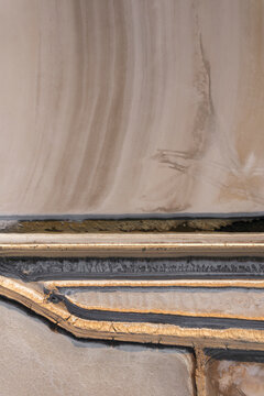 Aerial view of colorful salt farm with abstract patterns and textures, Dazkiri, Turkey.