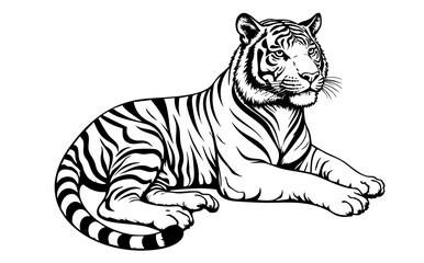 Obraz premium Majestic Resting Tiger Vector Illustration ? Detailed Black and White Wildlife Art.eps