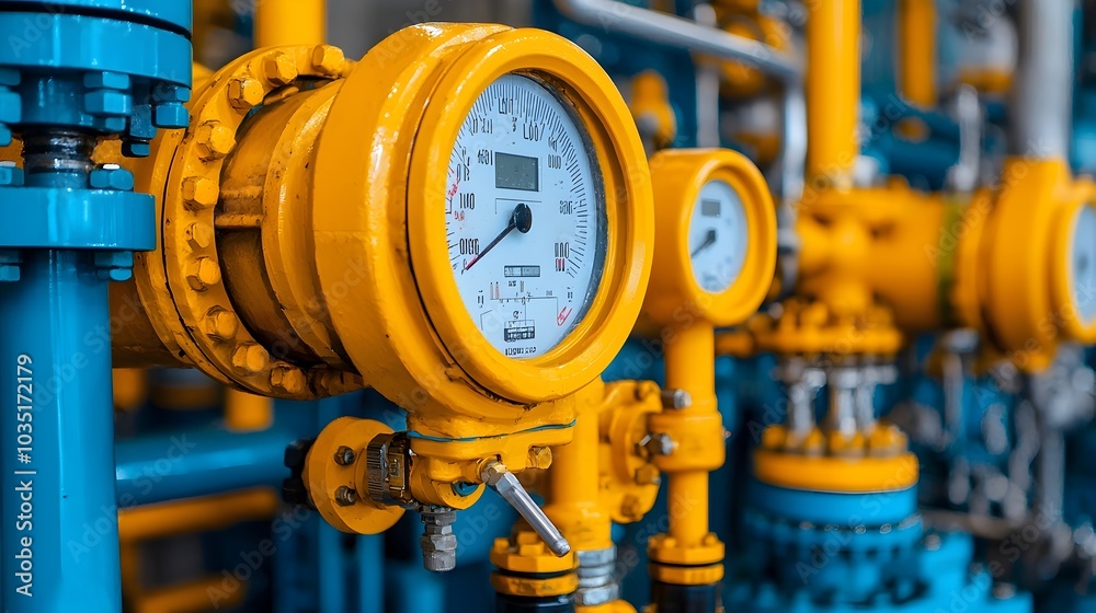 Poster Close up view of an intricate crude oil processing system showcasing the complex network of metallic pipes valves
