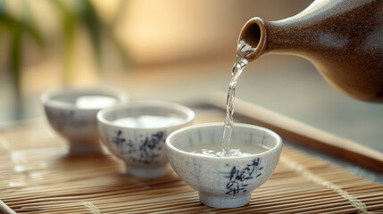 Sake pouring into ochoko cups on bambo mat. Selective focus