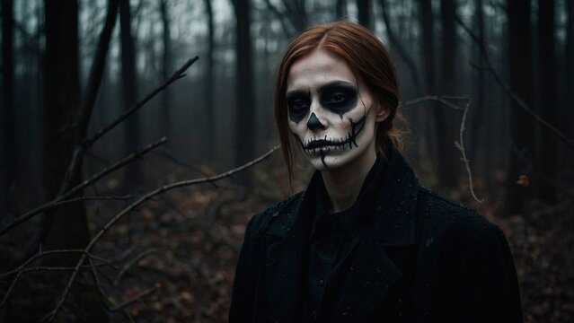 Portrait of a young brunette with a white pale face and scary black skull face paint, standing in a dark and eerie foggy haunted autumn forest. Horror thriller Halloween illustration.