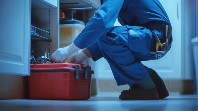 A close-up of a plumber in a blue uniform, working under a sink with a toolbox beside him, Plumbing scene