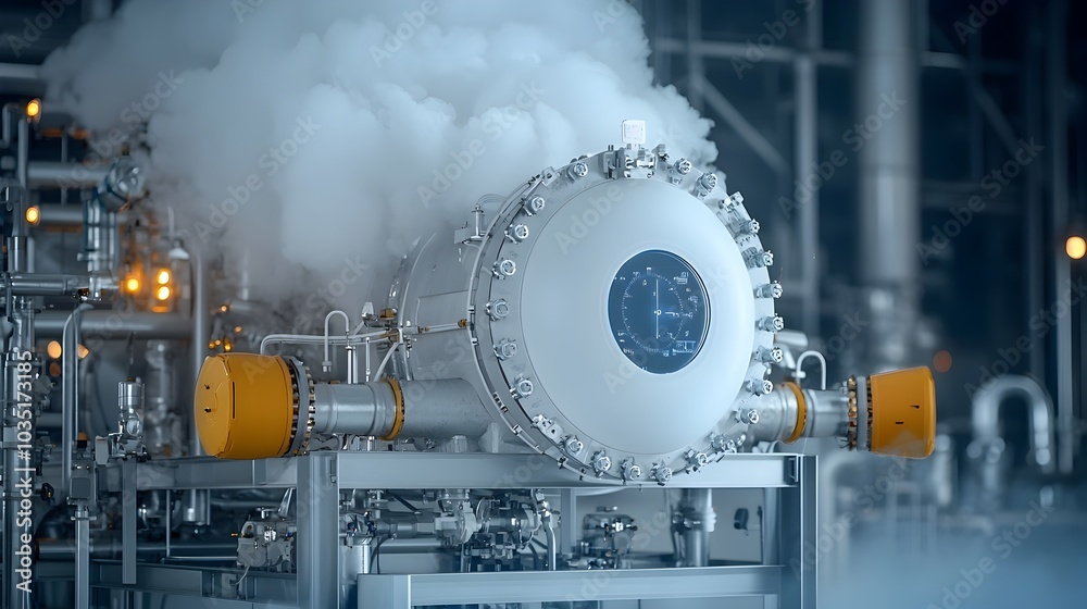 Poster closeup view of an elaborate network of refinery pipes and towers with billowing steam capturing the