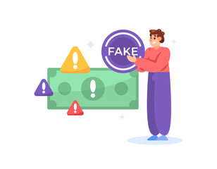 counterfeit money concept. warning to be careful with counterfeit money. illustration of a man holding a stamp which indicates that money is not genuine. finance and alert. flat style design. elements