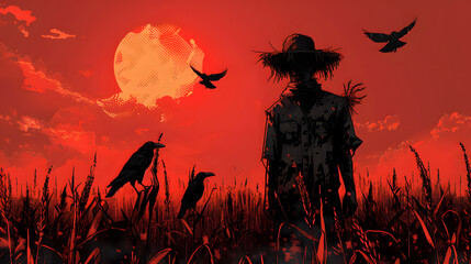 An eerie illustration of a scarecrow standing in a cornfield, with crows perched on its shoulders and a blood-red sunset in the background