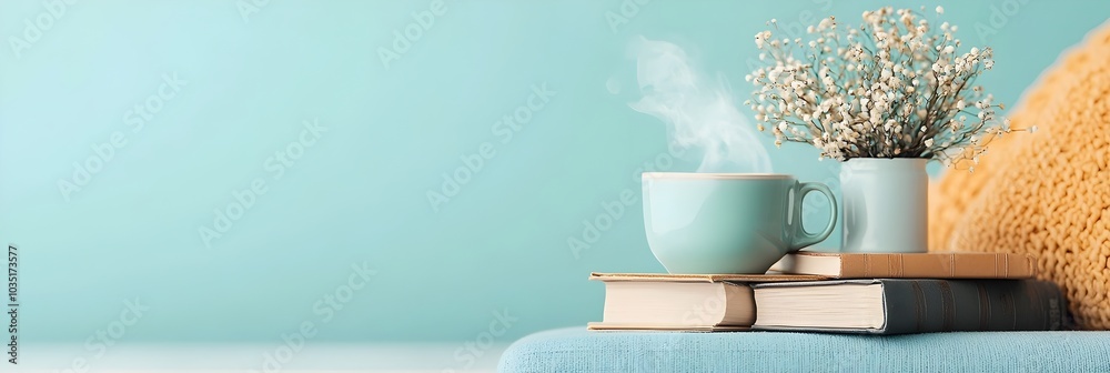 Poster Cozy and inviting reading nook setup with stacked books and a steaming hot cup of coffee placed on a wooden desk or table creating a mood of relaxation study and intellectual pursuit