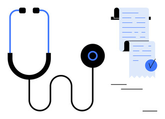 Stethoscope beside medical documents with a checkmark on a white background. Ideal for healthcare, medical diagnostics, patient care, health records, and medical billing. Simple line art style