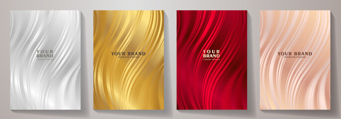 Elegant cover design set with wavy gold, red, pink, silver modern luxury vector art background. Premium fashionable template for cover design, invitation, flyer, wedding card, note book, menu design.