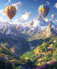 Majestic Mountain Landscape with Colorful Hot Air Balloons Soaring Over Lush Valleys and Forests