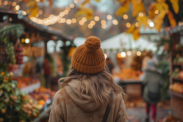 Obraz premium Seasonal autumn fair market with bright warm autumn colors, people crowd shopping having fun, Generative AI