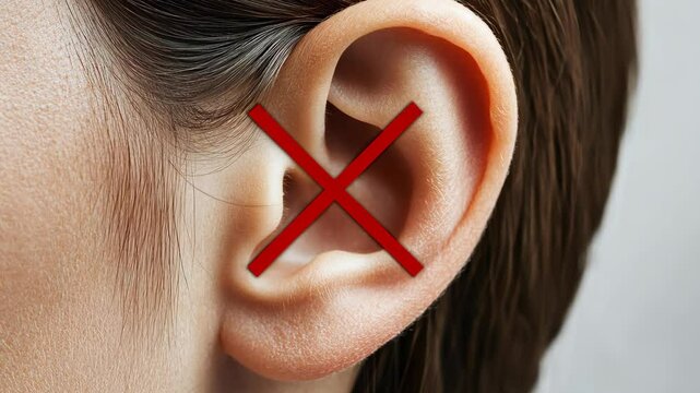 An ear with a red X over it, indicating that this is not a good place to get an ear piercing