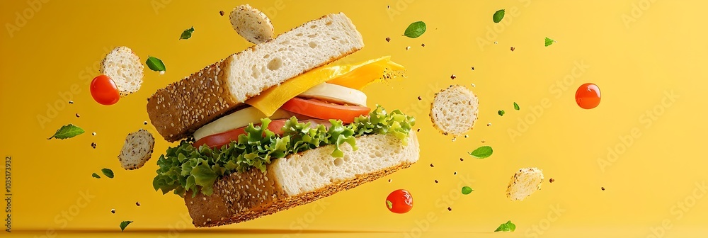 Wall mural deconstructed floating ingredients of a sandwich creating a minimalist and creative conceptual food 